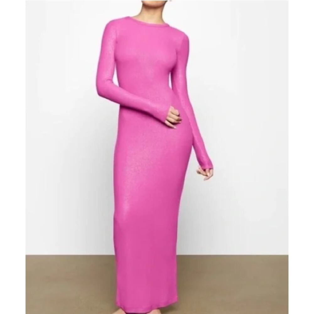 SKIMS Long-Sleeve Slim Maxi Dress in Hot Pink